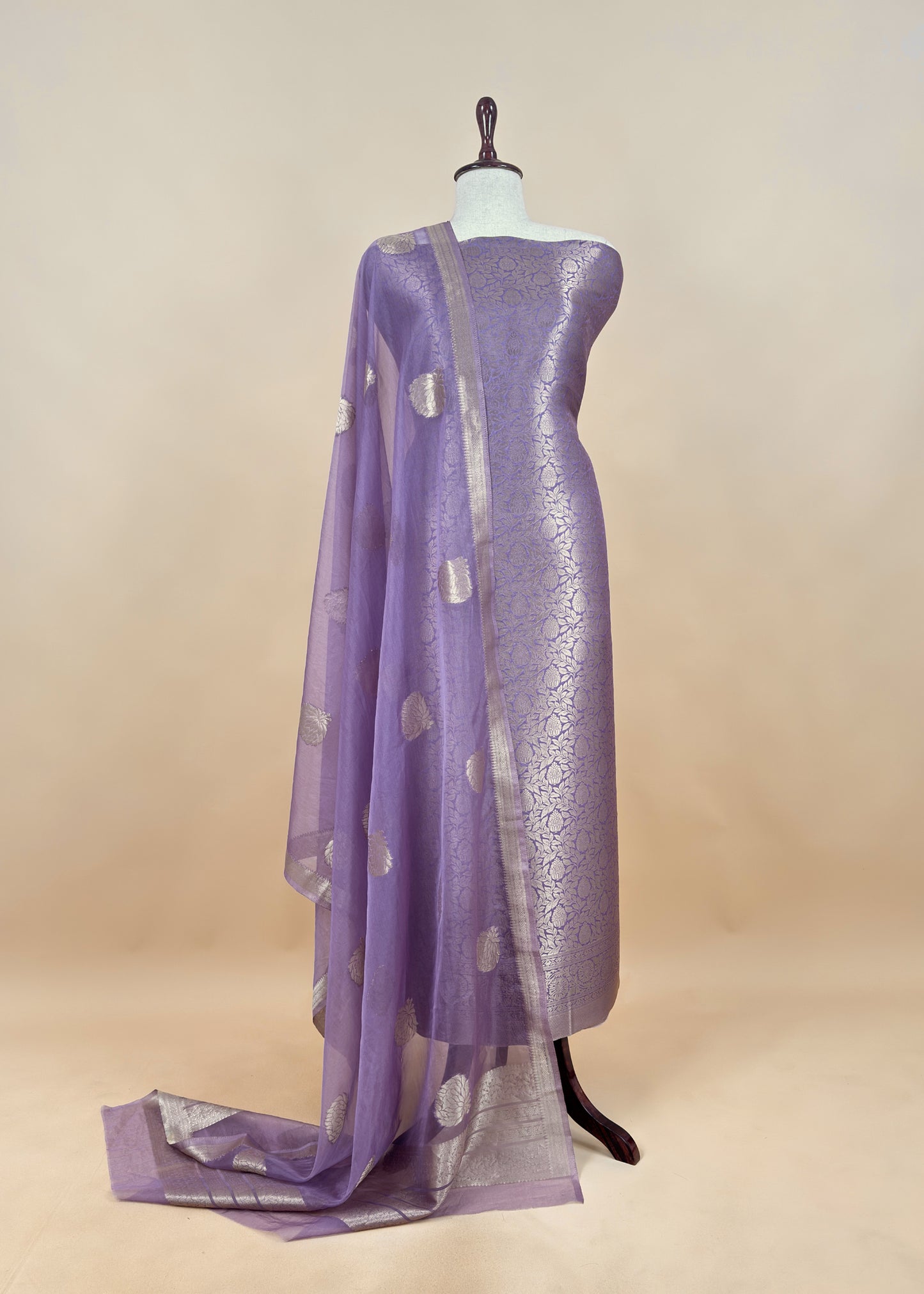 Light Purple Banarasi Silk Brocade Suit With Organza Dupatta