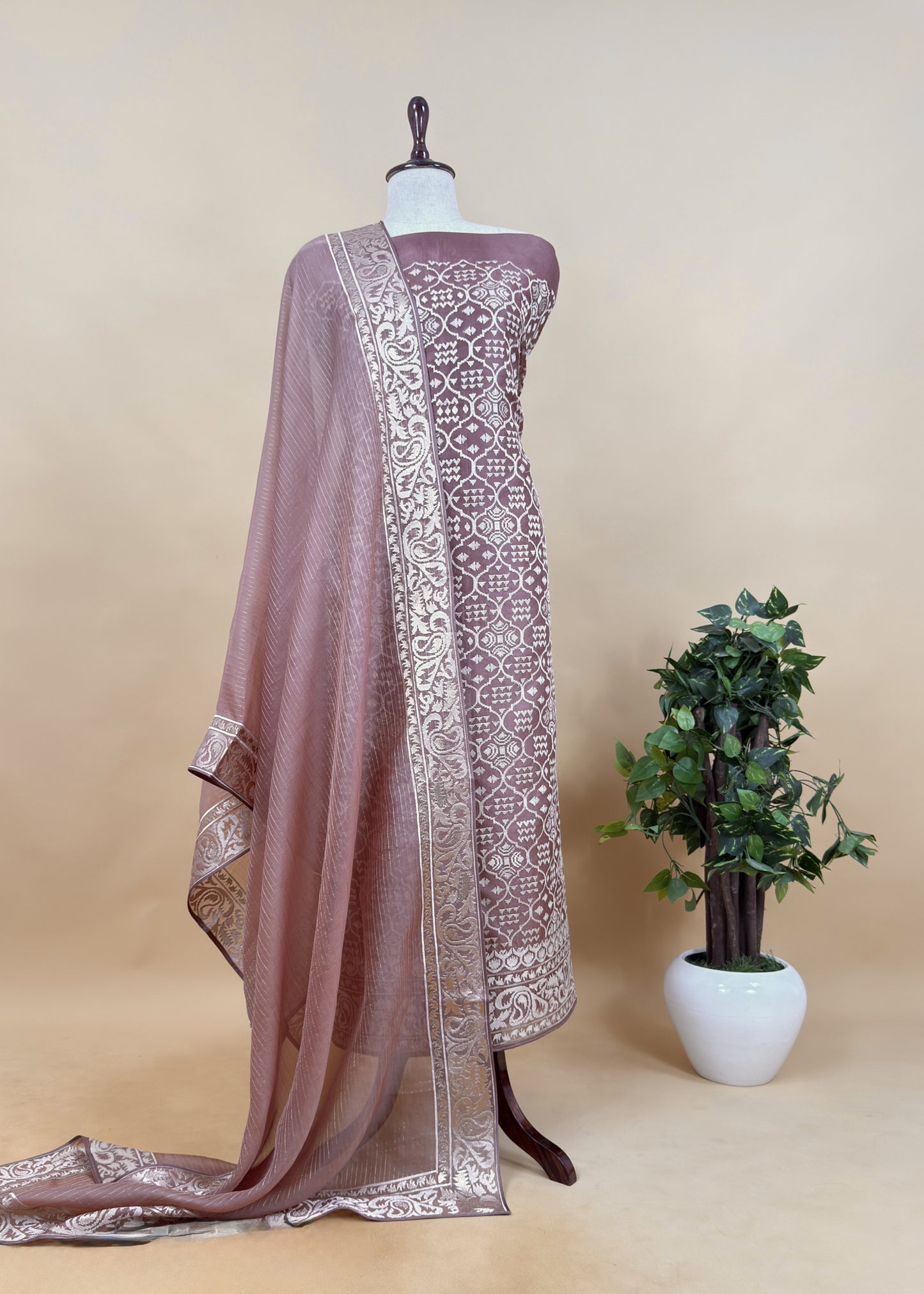 Luxe Ajanta Ellora Inspired Dusty Mauve Handloom Organza Silk Suit And Panel Gold Silver Zari Dupatta