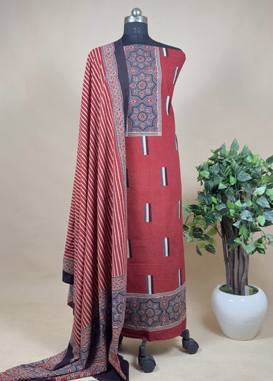 Red Handblock Ajrak Suit In Cotton