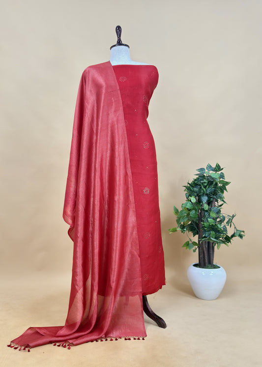 Red Handloom Kora Silk Kurta And Tissue Silk Dupatta With Pitta Handwork