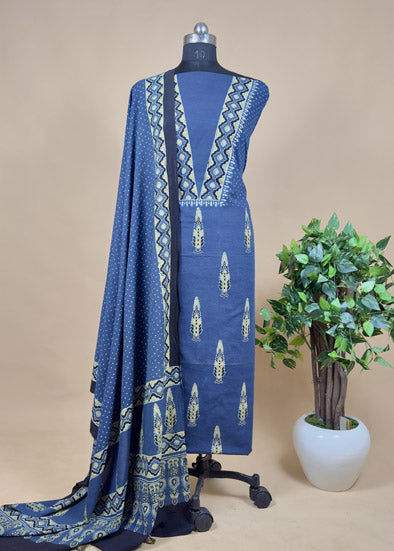 Blue Unstiched Suit Handblock Ajrak Suit In Cotton