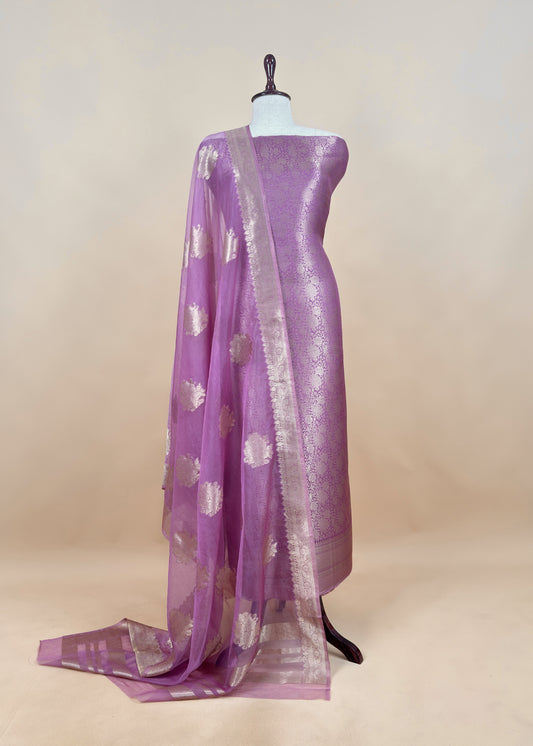 Light Purple Banarasi Silk Brocade Suit With Organza Dupatta
