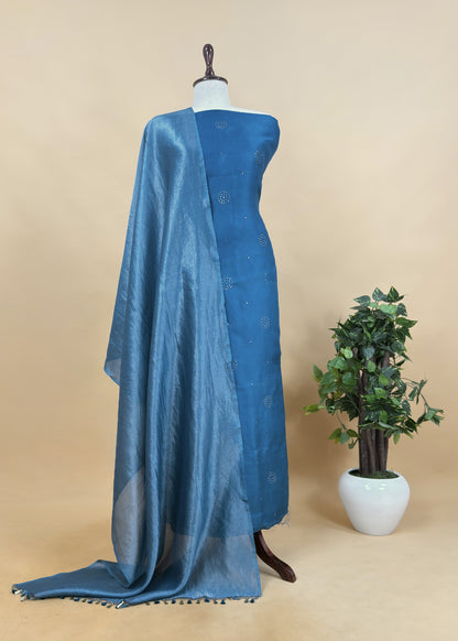 Blue Handloom Kora Silk Kurta And Tissue Silk Dupatta With Pitta Handwork