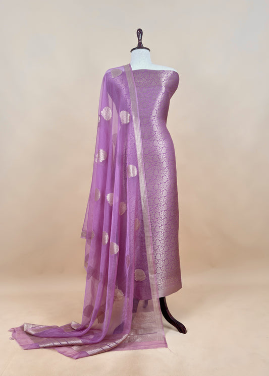 Light Purple Banarasi Silk Brocade Suit With Organza Dupatta