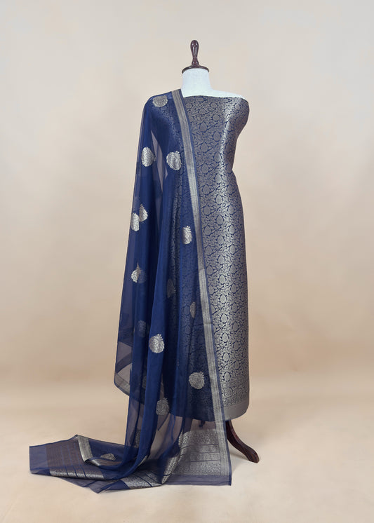 Navy Blue Banarasi Silk Brocade Suit With Organza Dupatta