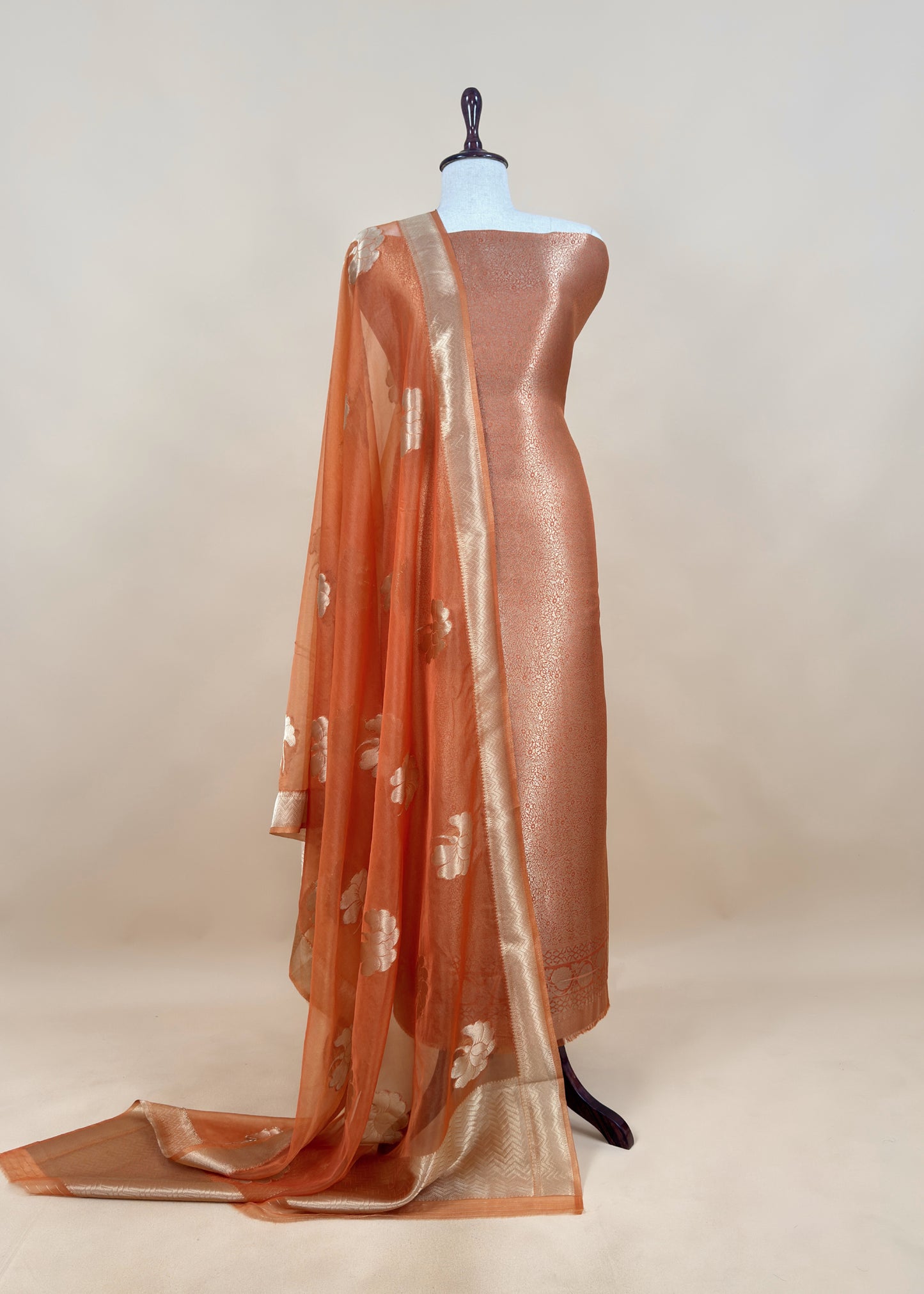 Orange Banarasi Silk Brocade Suit With Organza Dupatta