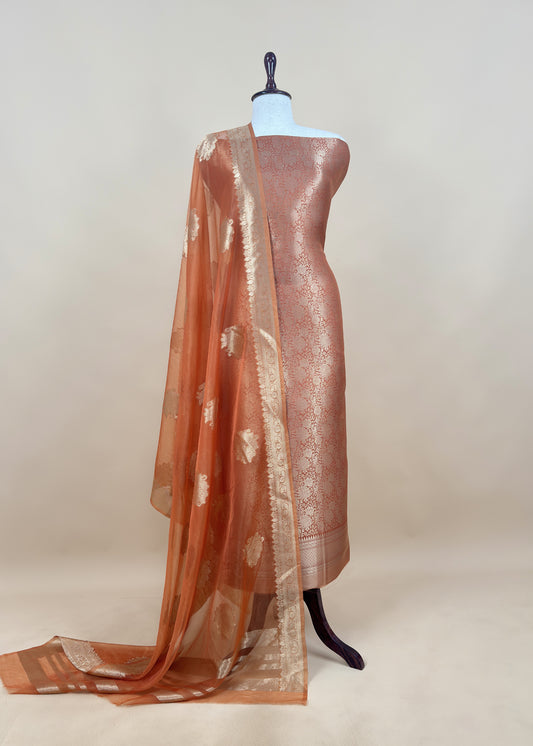 Orange Banarasi Silk Brocade Suit With Organza Dupatta