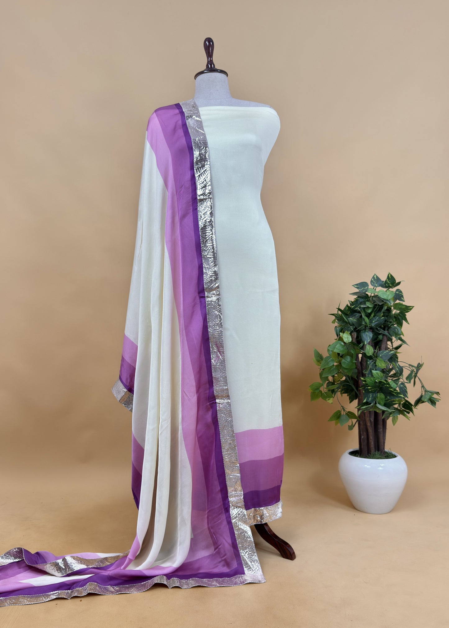 Rohit Bal Abstract Digital Print Pure Satin Silk Dupatta-Suit With Laces