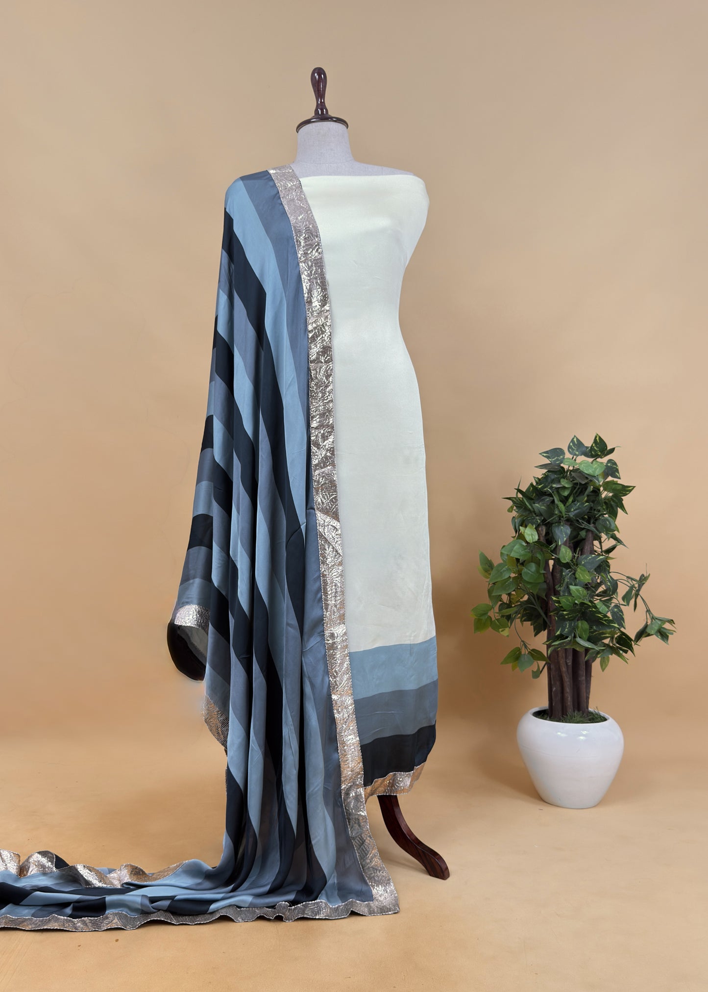 Rohit Bal Abstract Digital Print Pure Satin Silk Dupatta-Suit With Laces