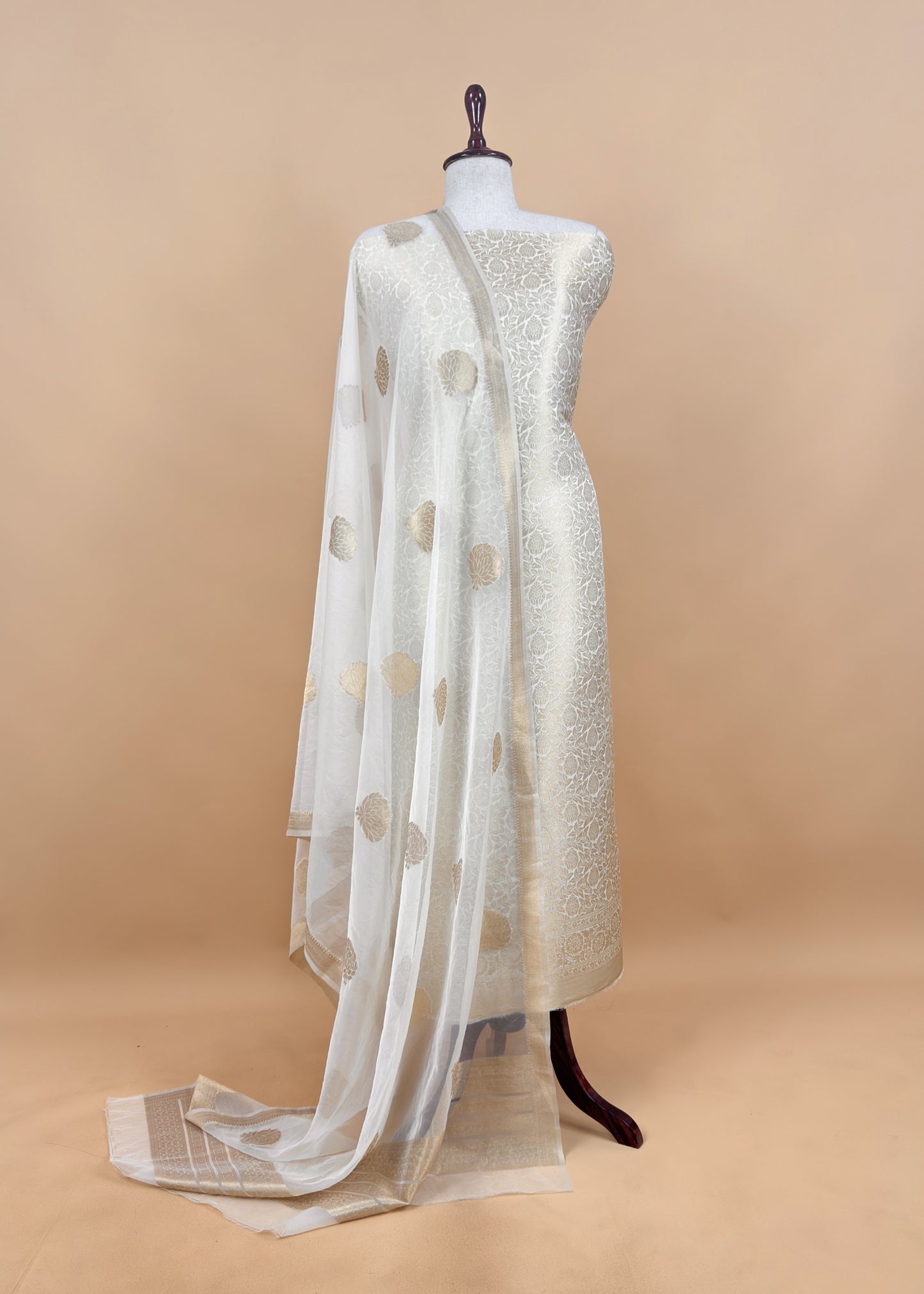 Off White Banarasi Silk Brocade Suit With Organza Dupatta
