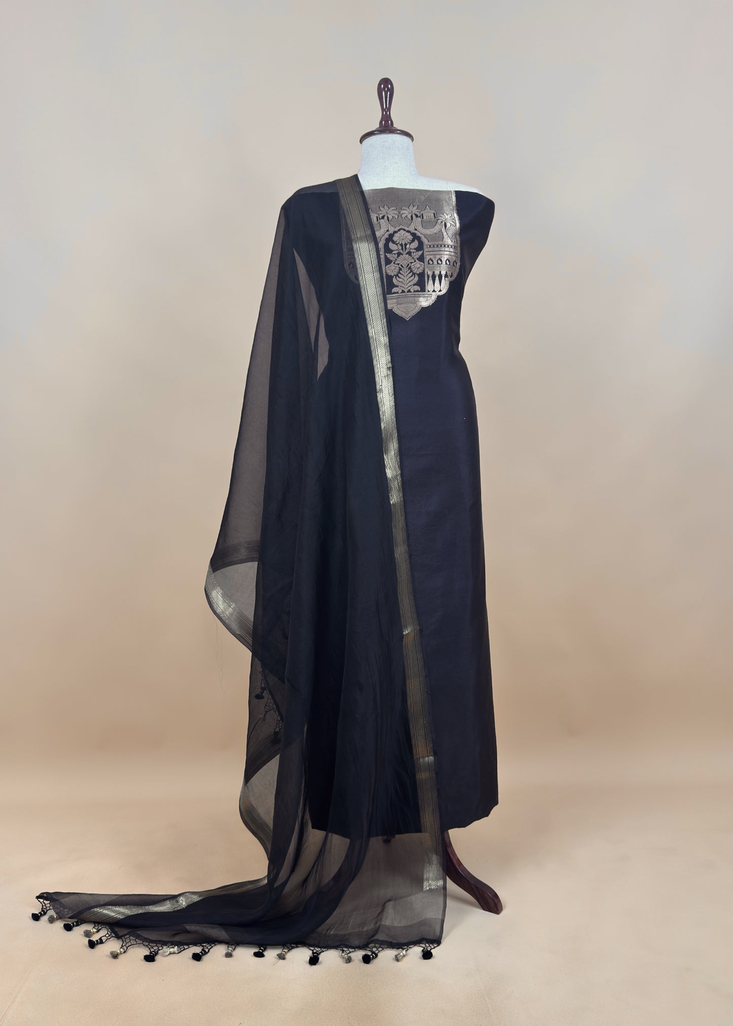 Black Handloom Katan Silk Suit Fabric With Kadwa Weaving