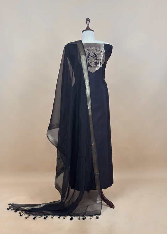 Black Handloom Katan Silk Suit Fabric With Kadwa Weaving
