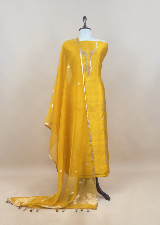 Sunflower Yellow Handloom Silk Kurta And Kora Silk Dupatta With Kadwa Weaving