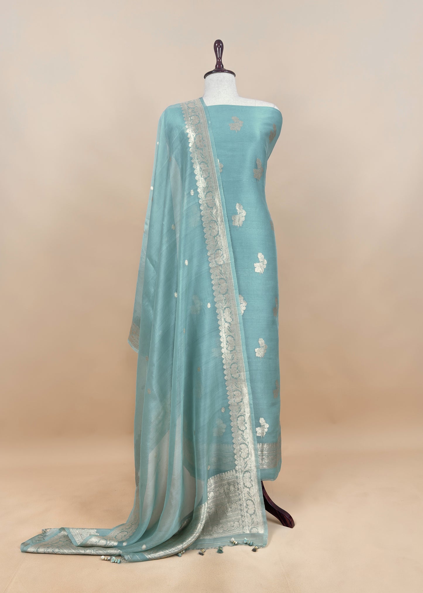 Sky Blue Handloom Banarasi Silk Kurta And Kora Silk Dupatta With Kadwa Weaving