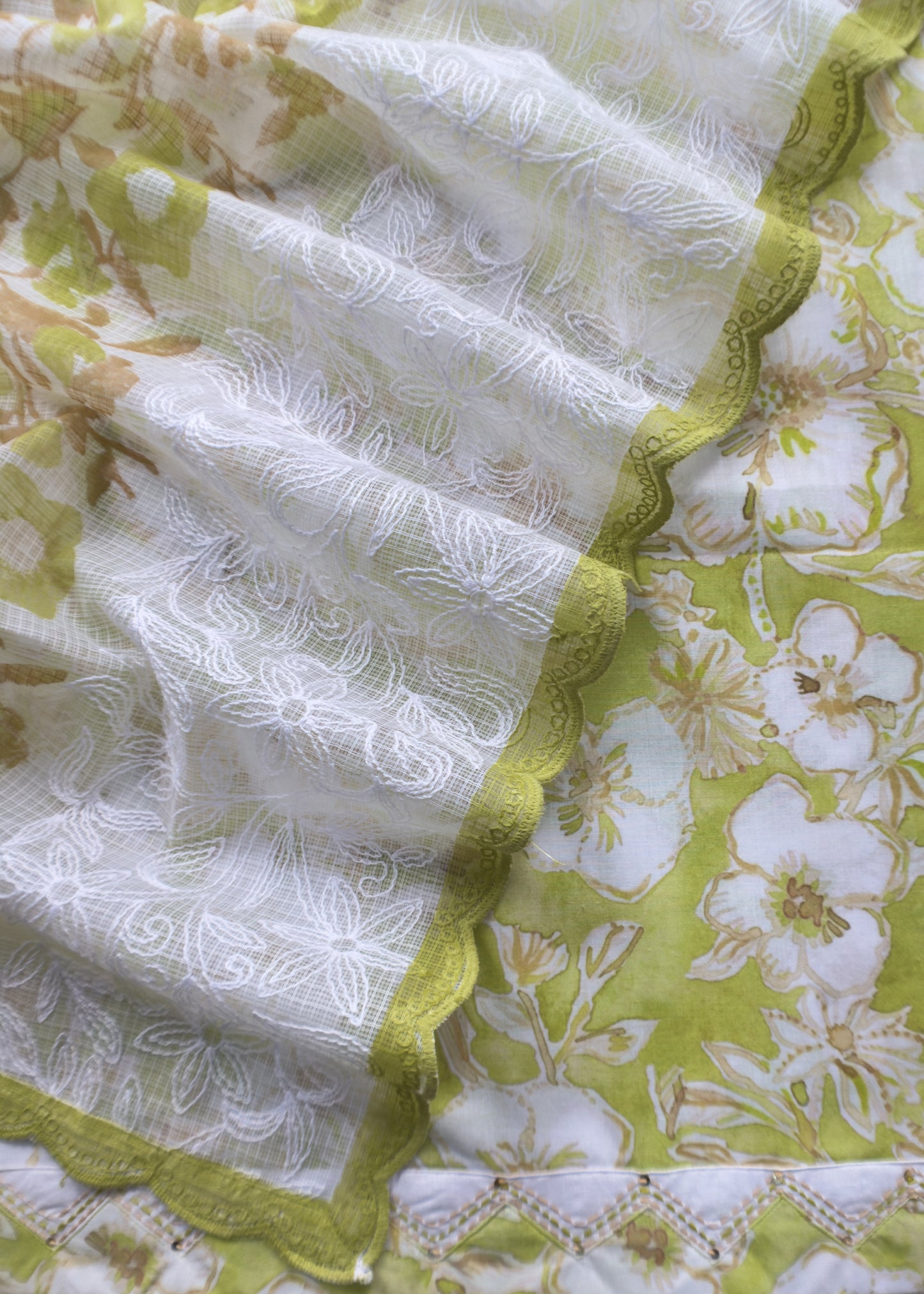 Lime Cotton Suit With Kota Embroidered Dupatta