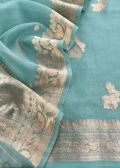 Sky Blue Handloom Banarasi Silk Kurta And Kora Silk Dupatta With Kadwa Weaving