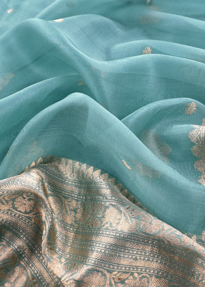 Sky Blue Handloom Banarasi Silk Kurta And Kora Silk Dupatta With Kadwa Weaving