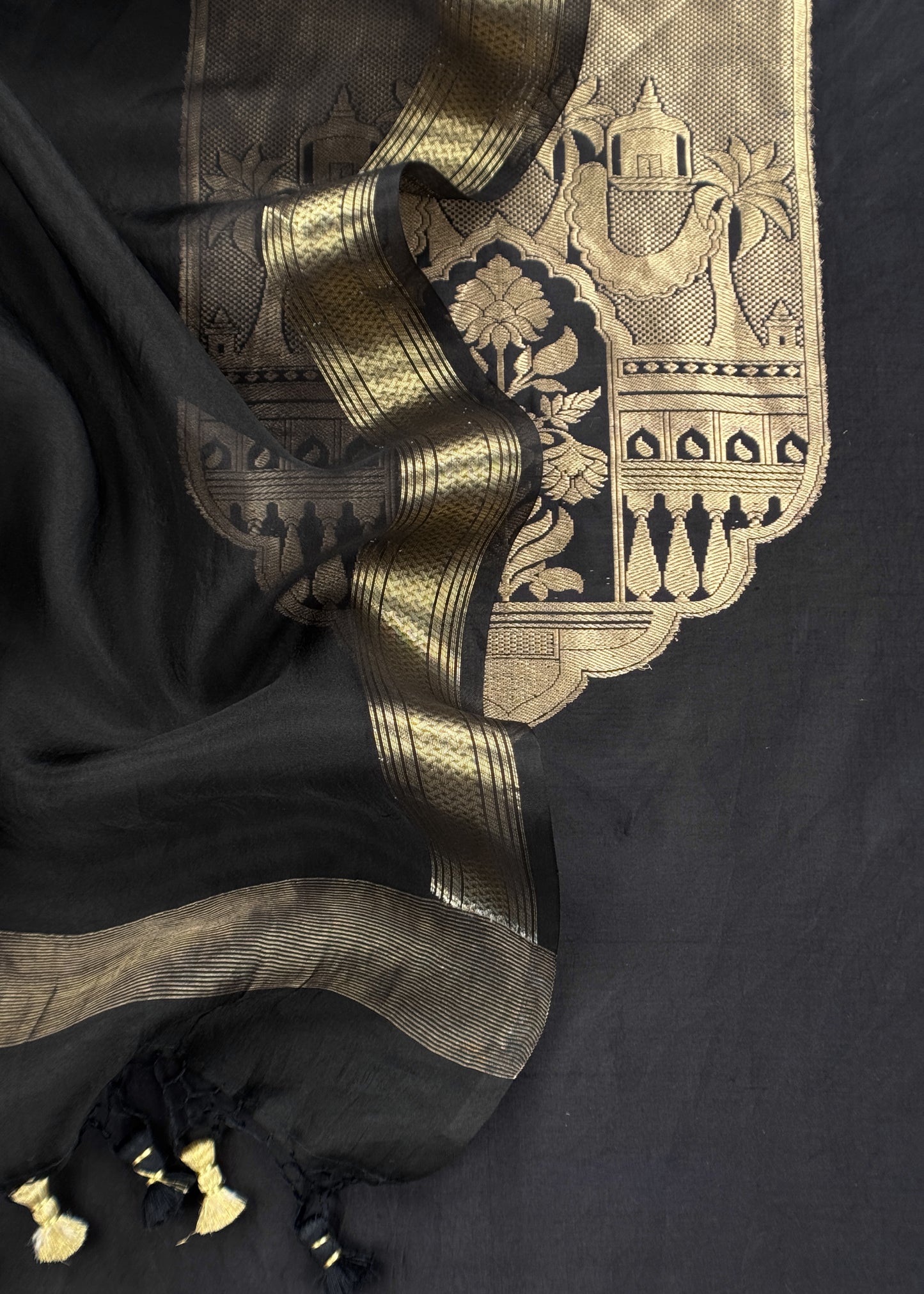 Black Handloom Katan Silk Suit Fabric With Kadwa Weaving