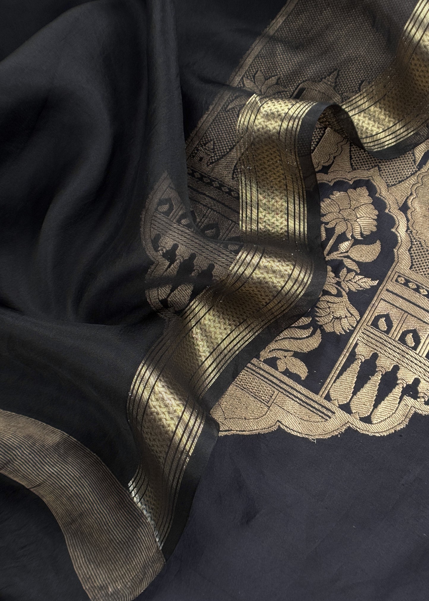 Black Handloom Katan Silk Suit Fabric With Kadwa Weaving