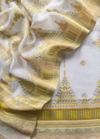 White And Yellow Cotton Silk Suit With Zari Weaving