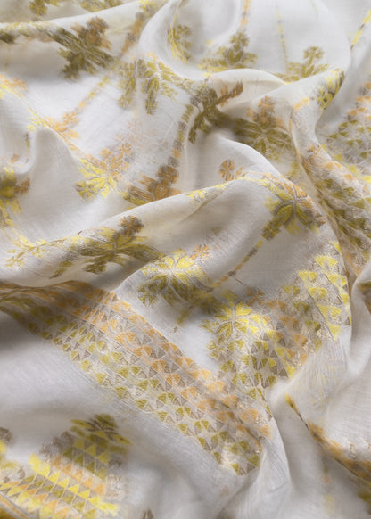 White And Yellow Cotton Silk Suit With Zari Weaving