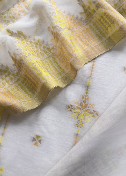 White And Yellow Cotton Silk Suit With Zari Weaving