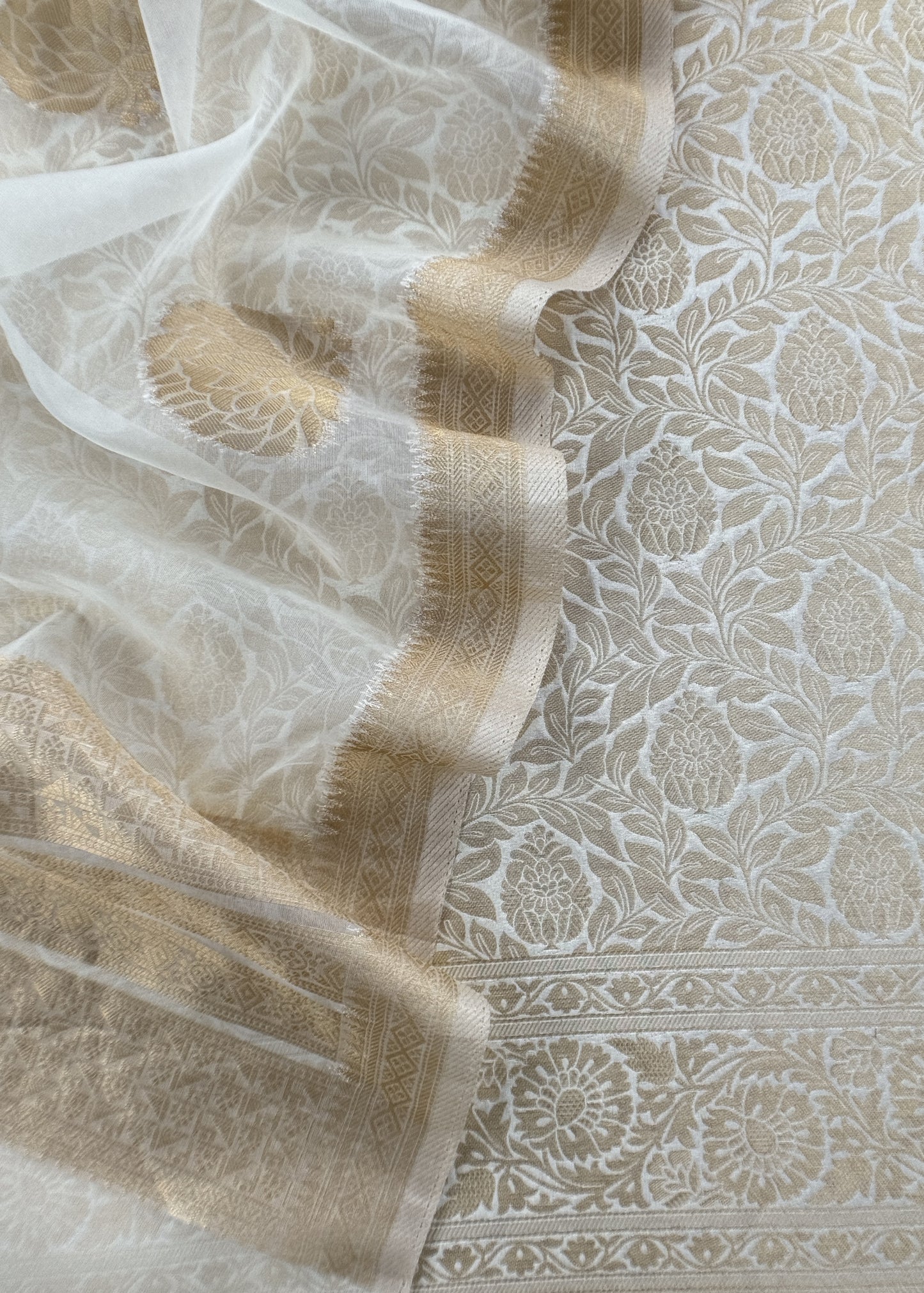 Off White Banarasi Silk Brocade Suit With Organza Dupatta