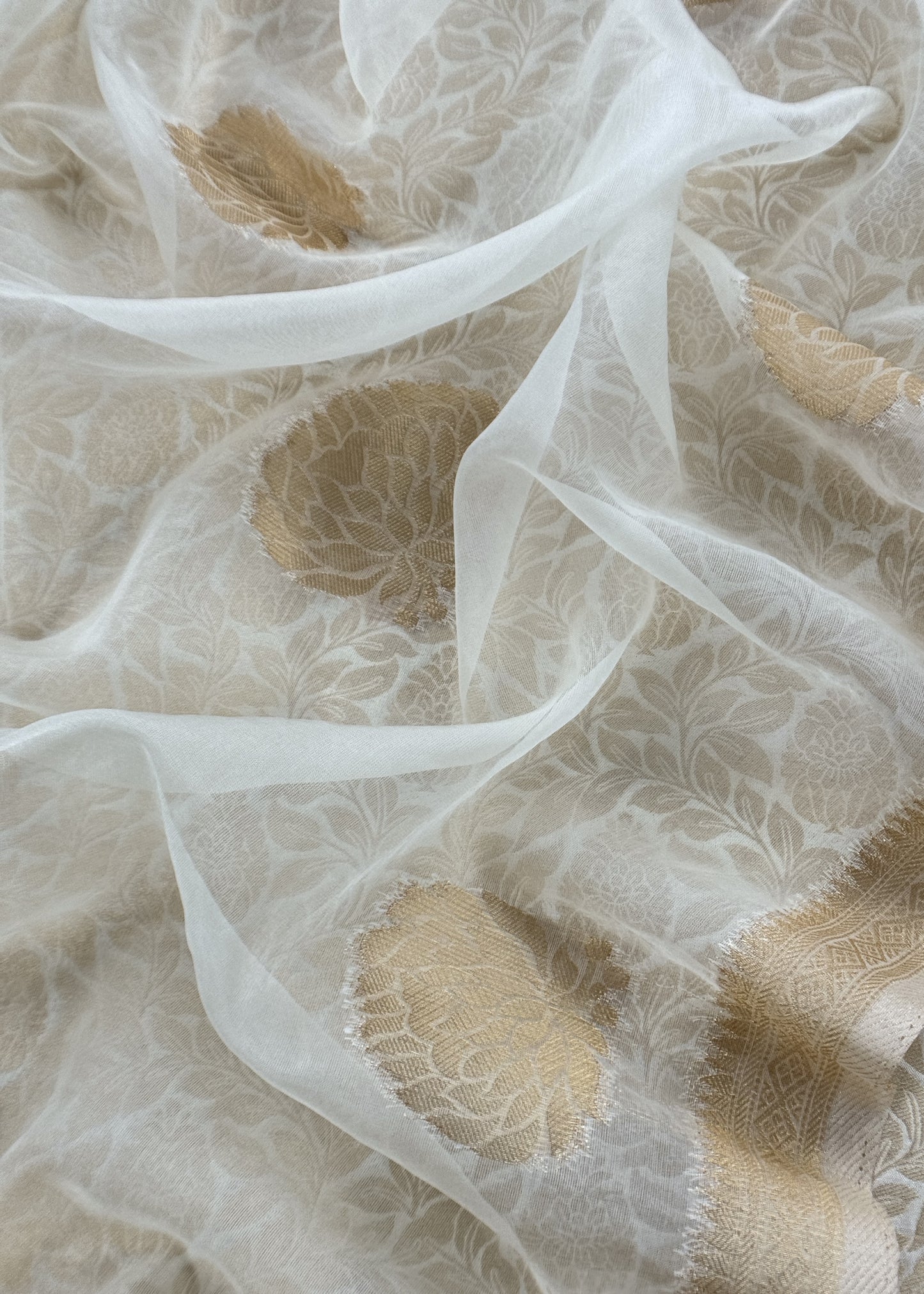 Off White Banarasi Silk Brocade Suit With Organza Dupatta