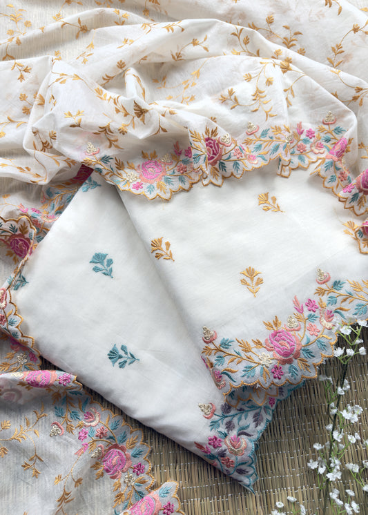 Off-White With Blue Pure Mul Banarasi Cotton Suit With Resham Embroidery