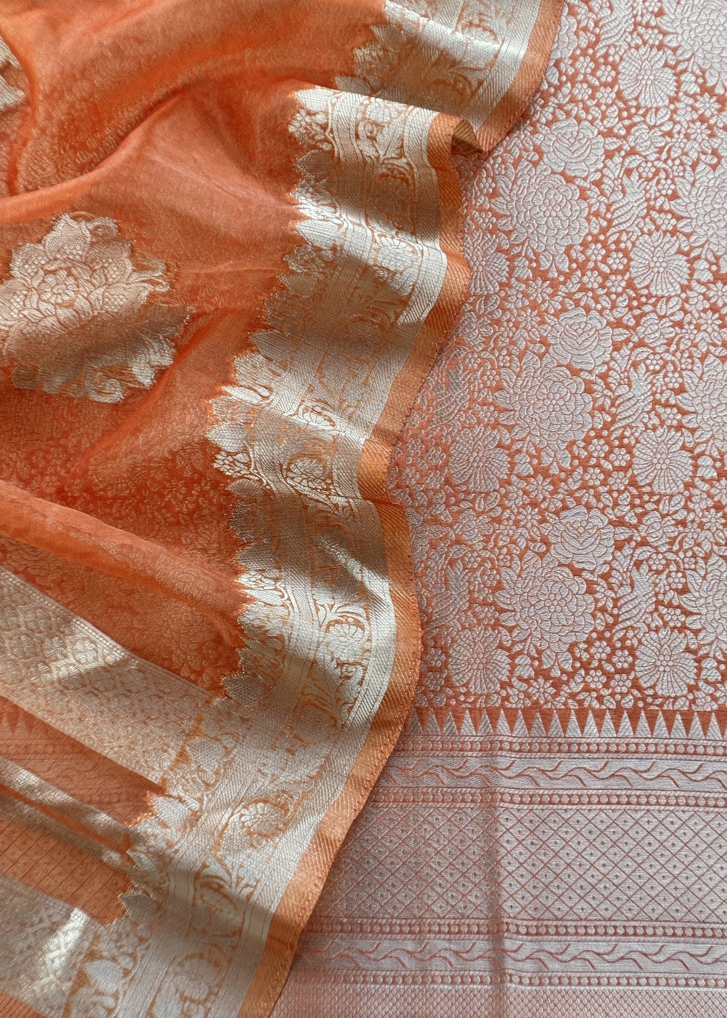 Orange Banarasi Silk Brocade Suit With Organza Dupatta
