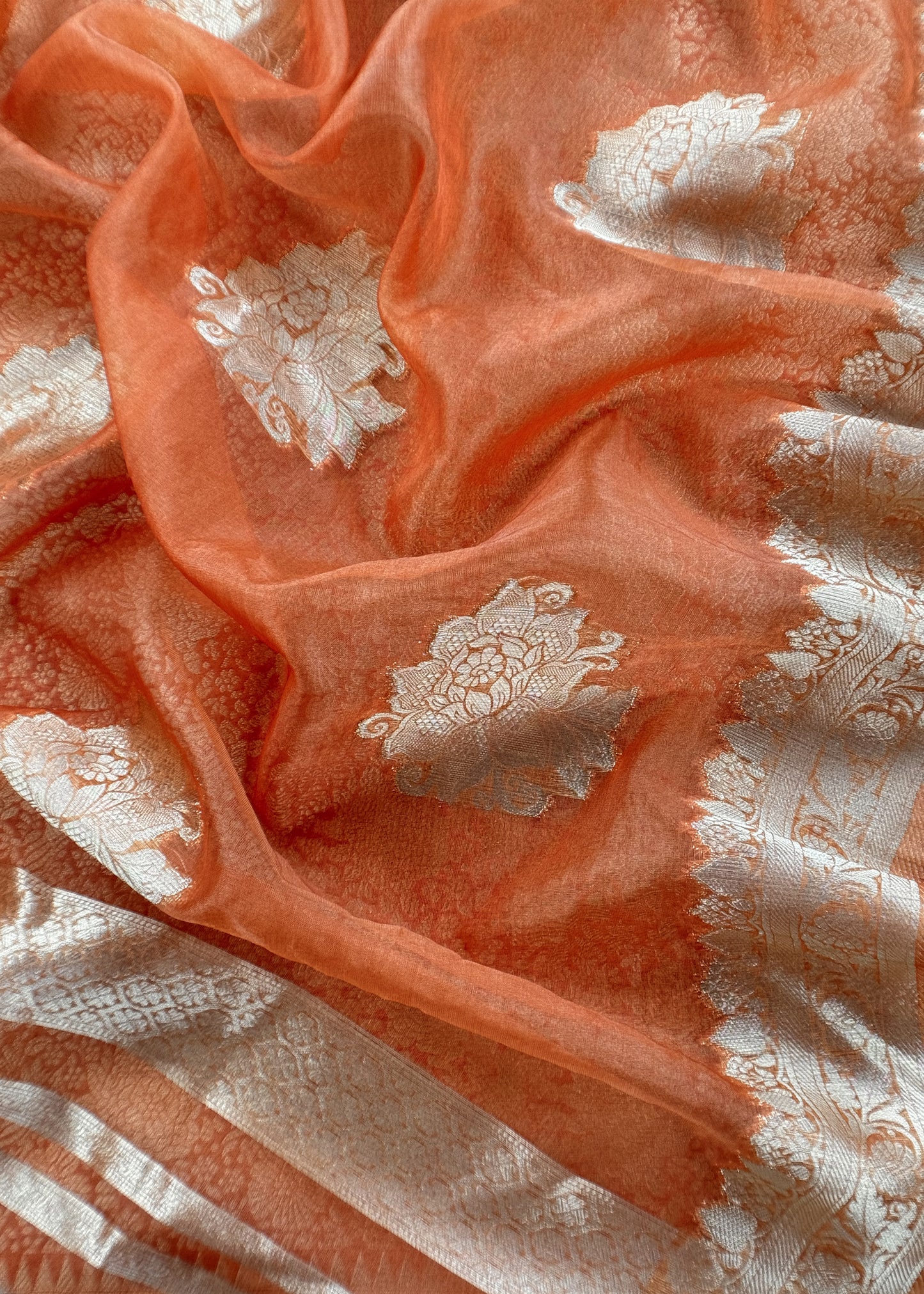 Orange Banarasi Silk Brocade Suit With Organza Dupatta