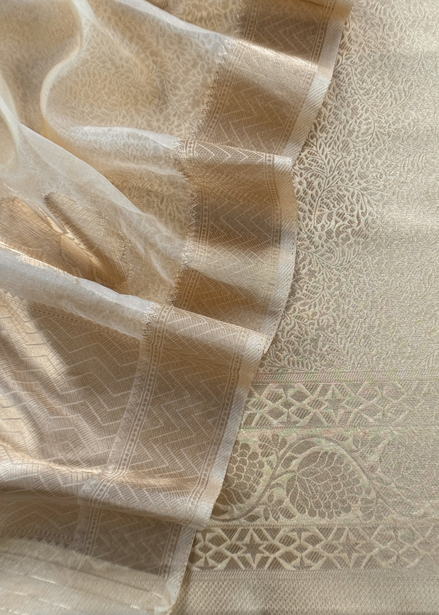 Beige Banarasi Silk Brocade Suit With Organza Dupatta