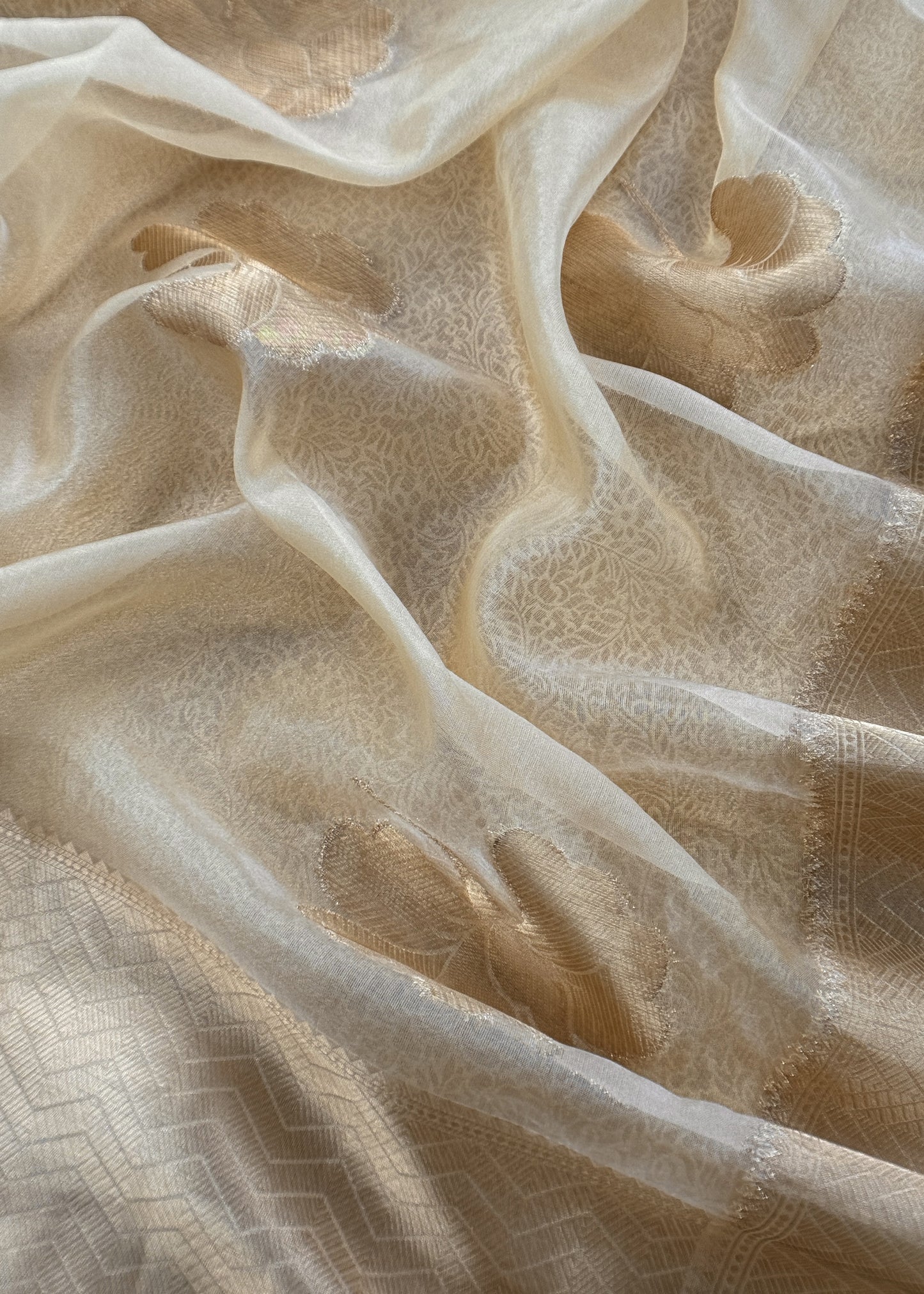 Beige Banarasi Silk Brocade Suit With Organza Dupatta