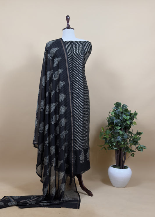 Black Maheshwari Silk Unstitched Suit With Leheriya And Block Print