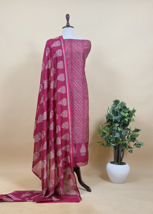 Pink Maheshwari Silk Unstitched Suit With Leheriya And Block Print