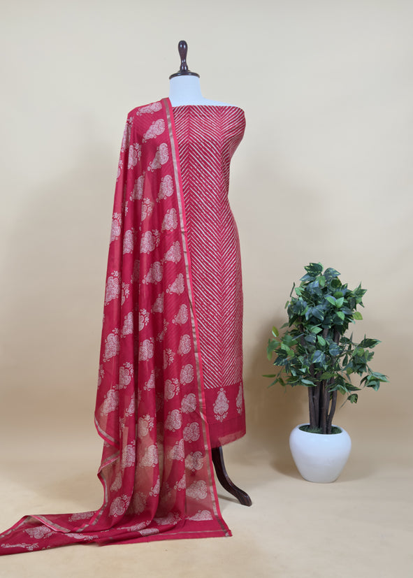 Pink Maheshwari Silk Unstitched Suit With Leheriya And Block Print