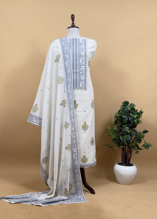Off White With Black Cotton Linen Suit With Jamdani Weaving