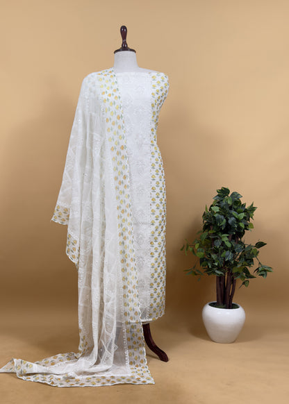 Yellow Pure Mul Cotton Hand-block Print Suit With Gold And Resham Embroidery