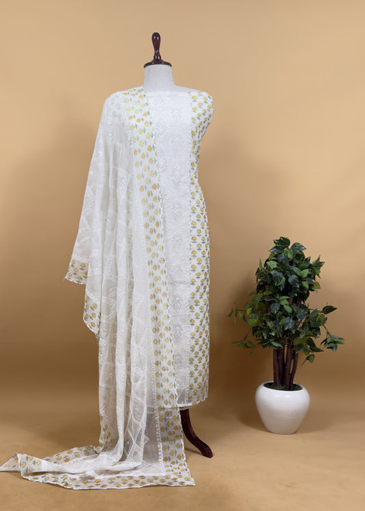 Yellow Pure Mul Cotton Hand-block Print Suit With Gold And Resham Embroidery