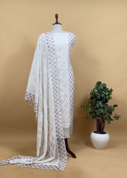 Yellow Pure Mul Cotton Hand-block Print Suit With Gold And Resham Embroidery