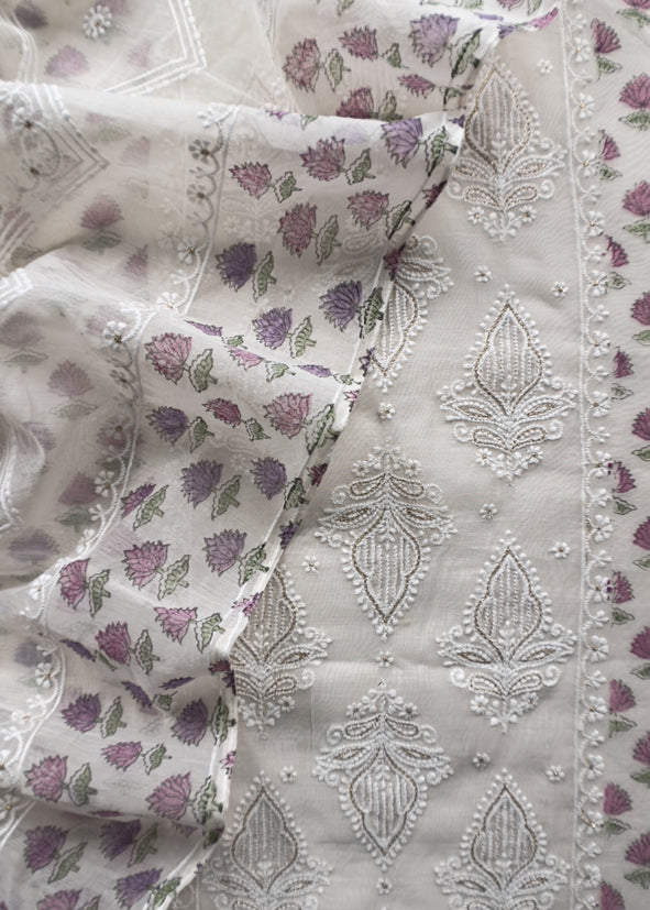 Pink Pure Mul Cotton Hand-block Print Suit With Gold And Resham Embroidery