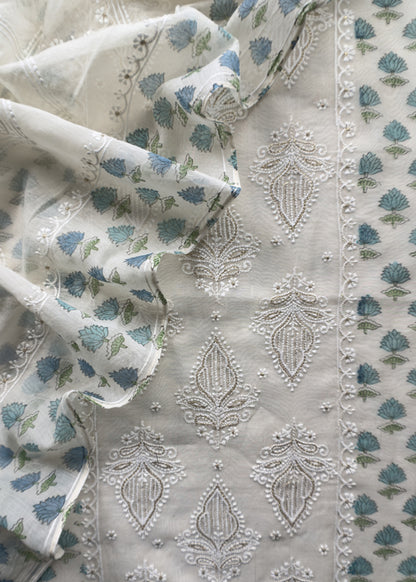 Blue Pure Mul Cotton Hand-block Print Suit With Gold And Resham Embroidery