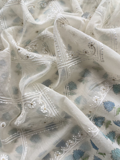 Blue Pure Mul Cotton Hand-block Print Suit With Gold And Resham Embroidery