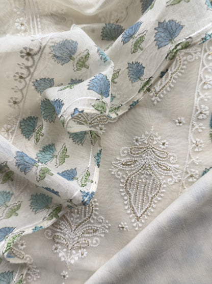 Blue Pure Mul Cotton Hand-block Print Suit With Gold And Resham Embroidery
