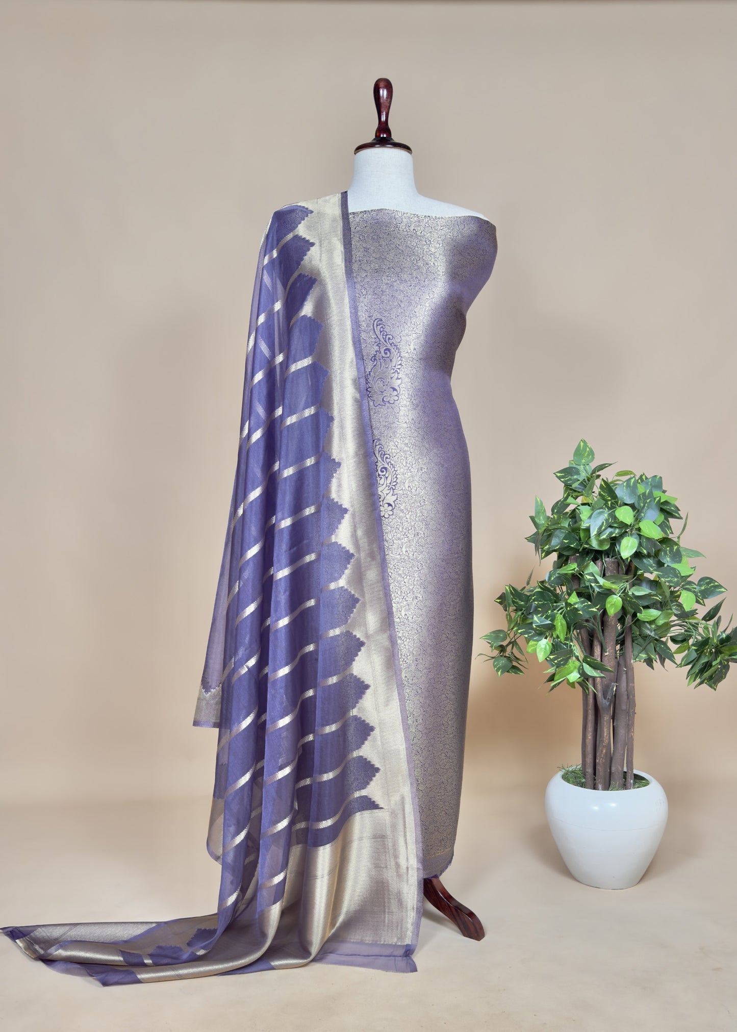 Violet Brocade Kurta With Organza Dupatta