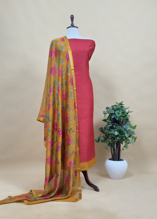 Tomato Red Mustard Munga Tussar Suit Fabric With Floral Dupatta And Kantha Stitch Hand Embroidery