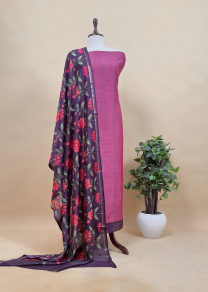Wine Munga Tussar Suit Fabric With Floral Dupatta And Kantha Stitch Hand Embroidery