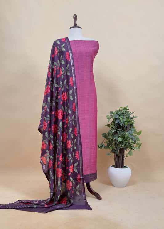 Wine Munga Tussar Suit Fabric With Floral Dupatta And Kantha Stitch Hand Embroidery
