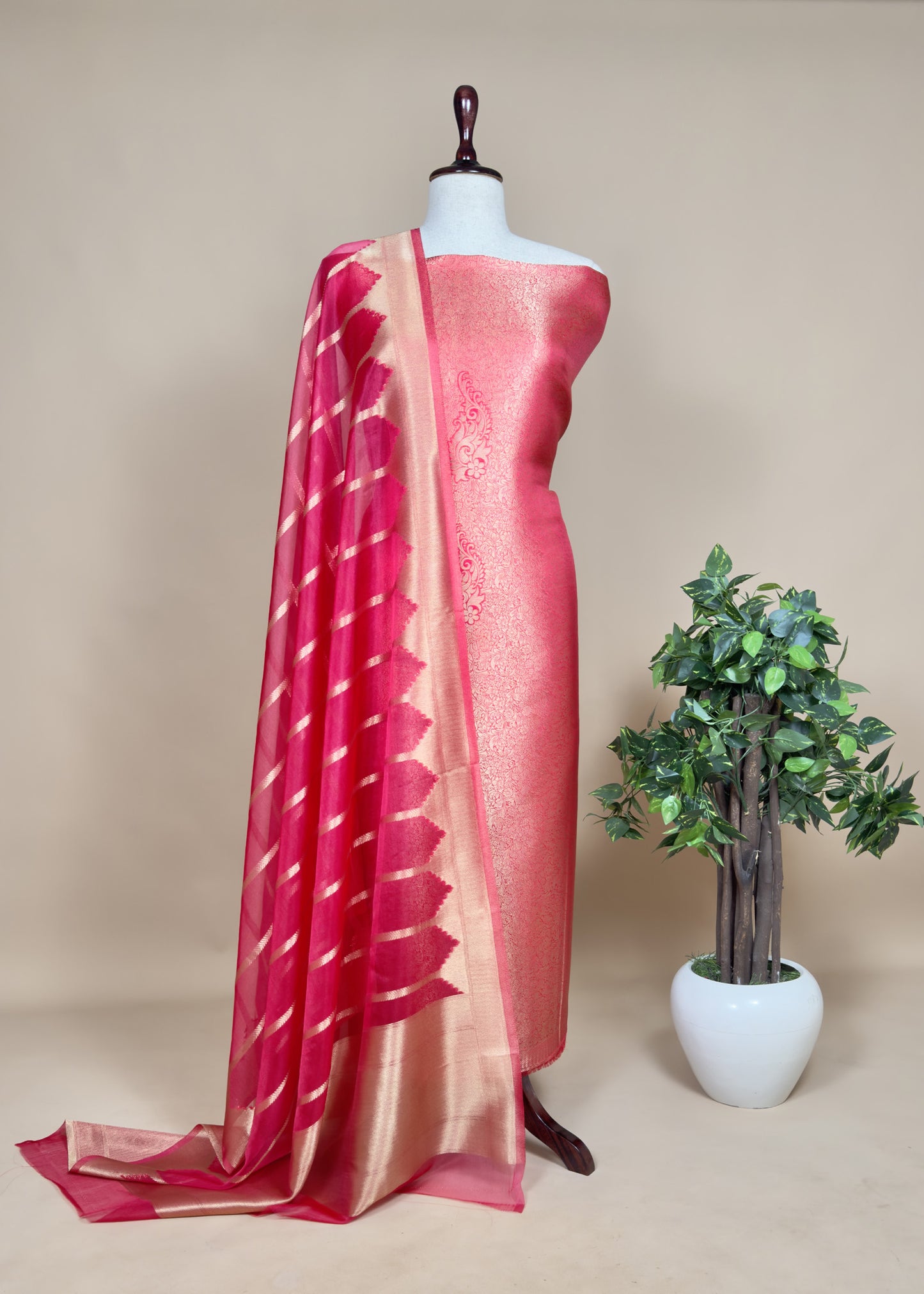 Violet Brocade Kurta With Organza Dupatta