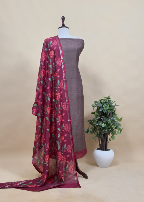 Tomato Red Mustard Munga Tussar Suit Fabric With Floral Dupatta And Kantha Stitch Hand Embroidery